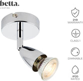 Chrome spotlight with GU10 bulb on a white background, featuring betta. branding and product features.